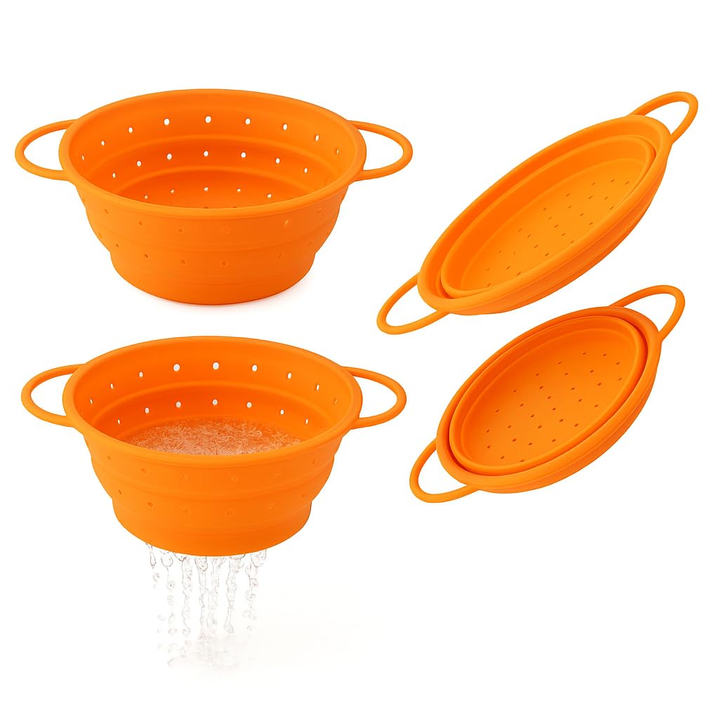 Silicone Colander, Collapsible Colander, Kitchen Food Strainer, Colander with Handles, Foldable Colander, Space-Saving Design, 2-pack