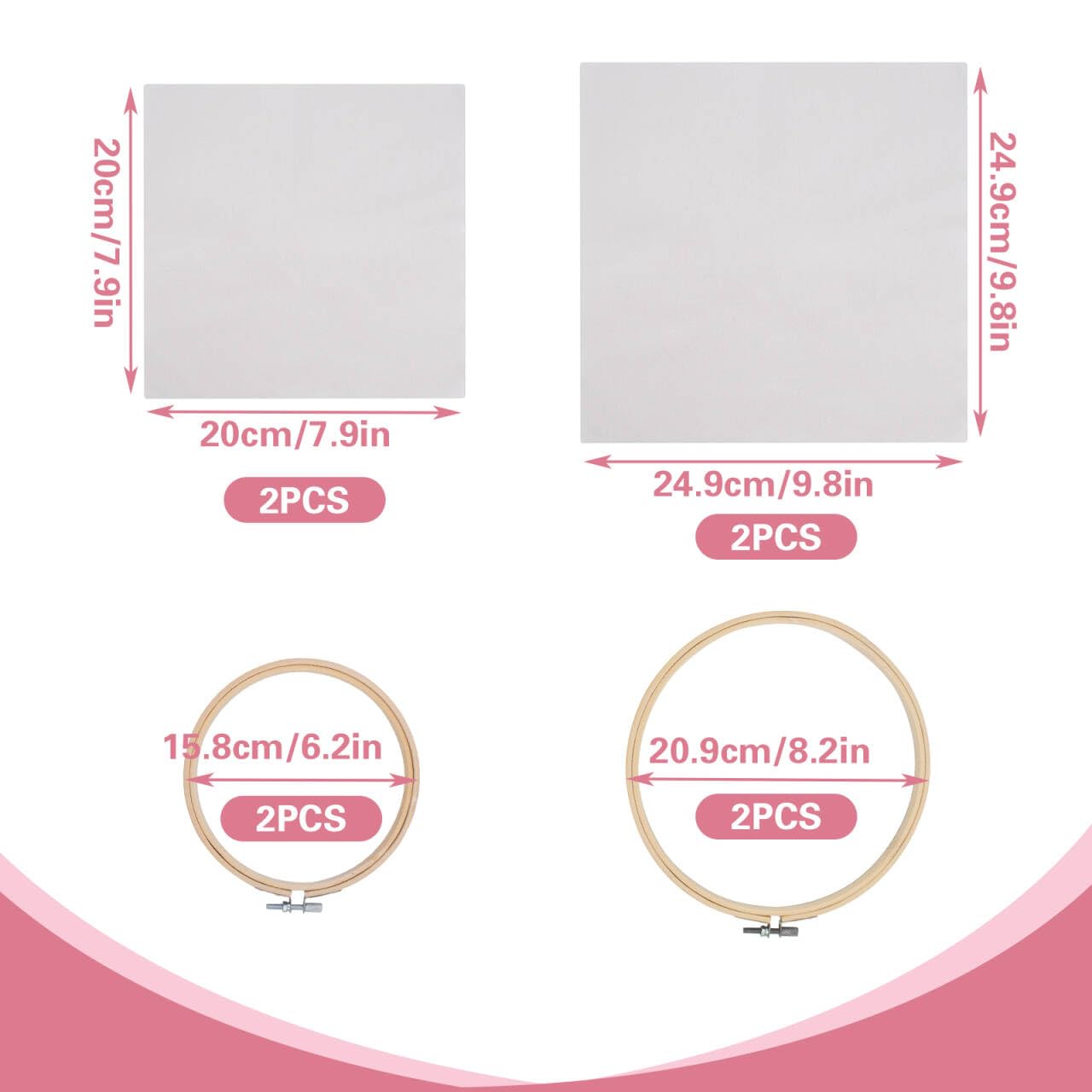 4 PCS Embroidery Fabric with Frame 2 Sizes, 4 Bamboo Embroidery Hoops and 4 Pre-Cut White Cotton Fabric Squares, Cross Stitch Hoops and Frames, for Art Craft Sewing