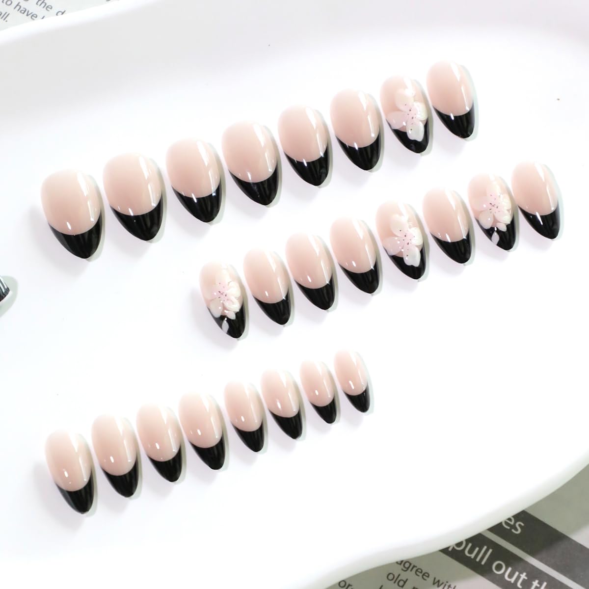 Black French Tip Almond Press On Nails with Glue, Glossy Acrylic Fake Nails with 3D Flower Accent, Medium Stick On False Nails for Women, Reusable Artificial Nails, 24 Pieces Set