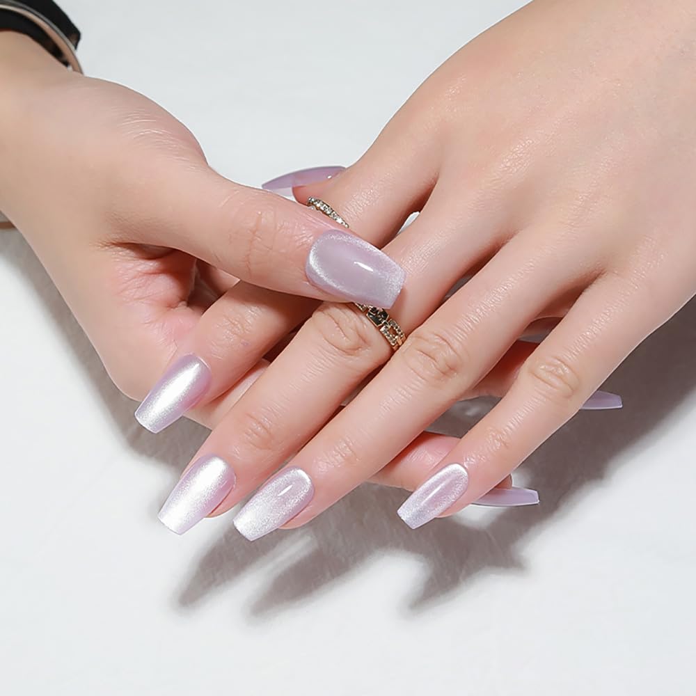 evpct Cat Eye Coffin Press on Nails Medium Square No Glue, Medium Square Stick on Nails for Women, Light Lavender Purple Metallic Glitter Glossy Reusable Spring Summer Press on Fake Nail with Designs