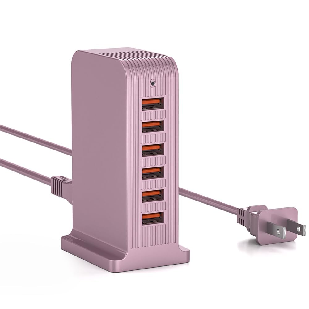 VPSUN Charging Station for Multiple Devices,VPSUN 50W USB Charger Tower,Multi 6 Port USB Charging Hub Compatible with iPhone 15/14/14 Pro/14 Pro Max/Android/Samsung/Tablet,etc(Pink, 50W)