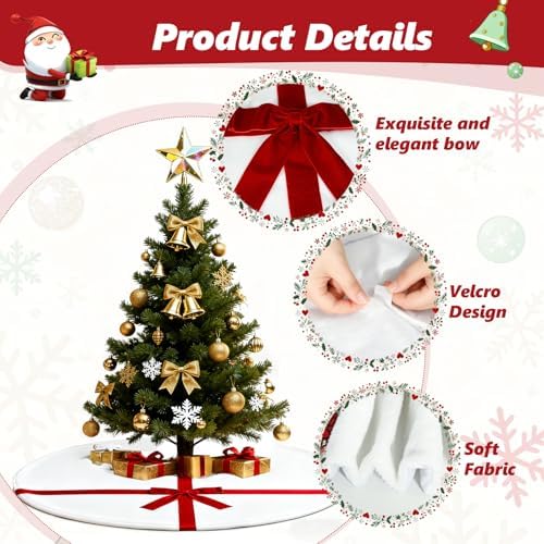 Christmas Tree Skirt 48 Inch, White Tree Skirt with Red Bow,Christmas Decorations,Xmas Tree Skirt for Home Party Holiday Indoor Outdoor Decorations (Large-48inch)