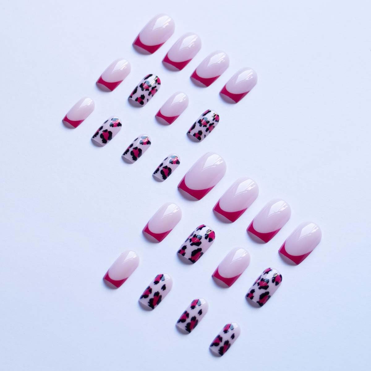 24 Pcs Hot Pink Press on Nails Medium Square Leopard French Fake Nails Press ons Nail Tips, LINMEIZAI Glossy Stick on Nails Acrylic Nail Kit with French Y2K Style Design False Nails Nail Art for Women