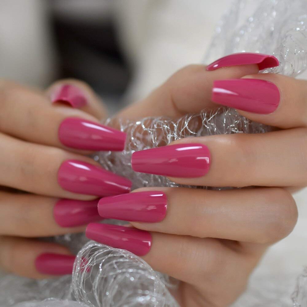 Coolnail Glossy 24pcs Dark Rose Pink Coffin False Nail Tips Acrylic Salon Full Cover Artificial Press On UV Fake Nails With Glue Sticker