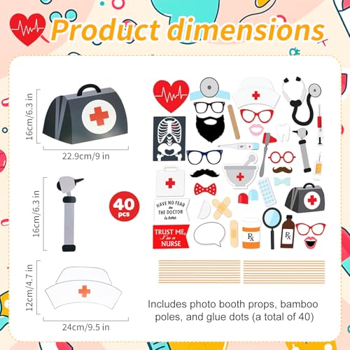 40 Pcs Professional Medical Photo Booth Props Kit for Adult Events, Dental Office Celebrations, Doctor & Nurse Graduation, Hospital-Themed Photoshoot Accessories with Wooden Sticks