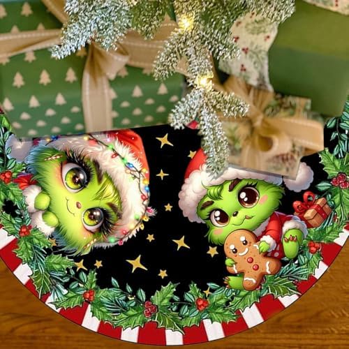 Christmas Tree Skirt 48 Inch, Cute Christmas Cartoon Xmas Tree Skirt Holly Wreath Star Candy Cane Edge Winter Holiday Party Decorations for Christmas Tree Base