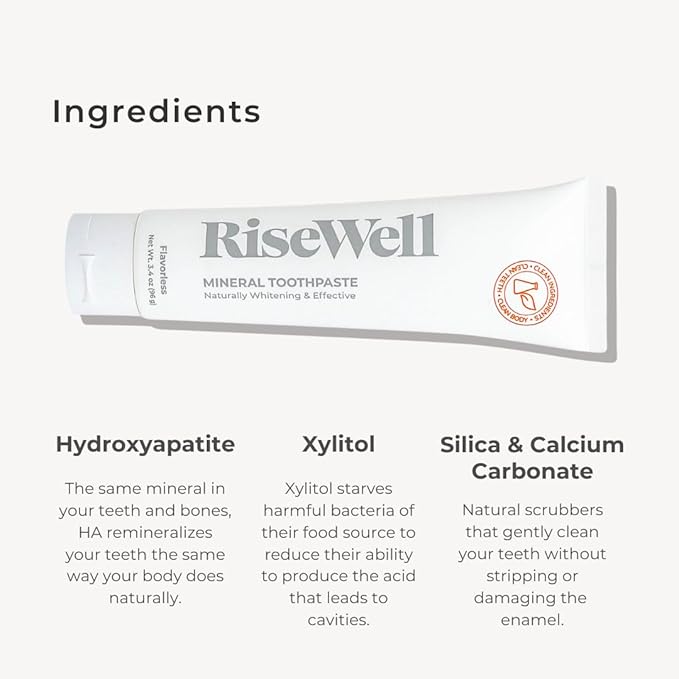 RiseWell Mineral Unflavored Toothpaste - Hydroxyapatite Flavorless Toothpaste - Made in The USA, Sensitive Teeth Whitening, No Added Fluoride, SLS-Free - Made by Dentists, 3.4 Oz