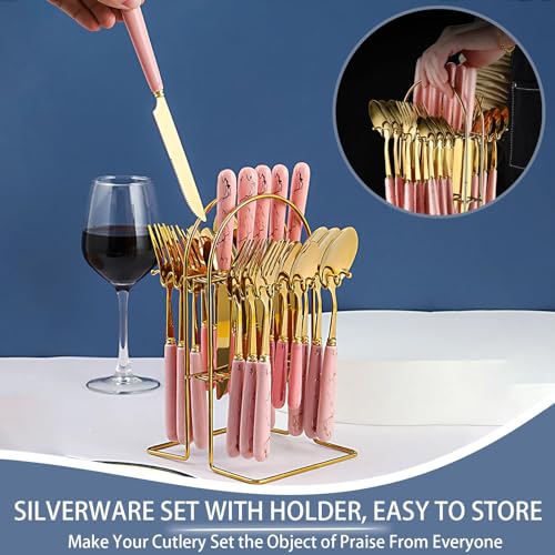 24 Pieces Flatware Set, Stainless Steel Cutlery Set with Silverware Holder, Modern Gold Silverware Set Includes Dinner Knives Forks Spoons,Hanging Silverware Set Service for 6 (Pink Gold) - color: Pink Gold