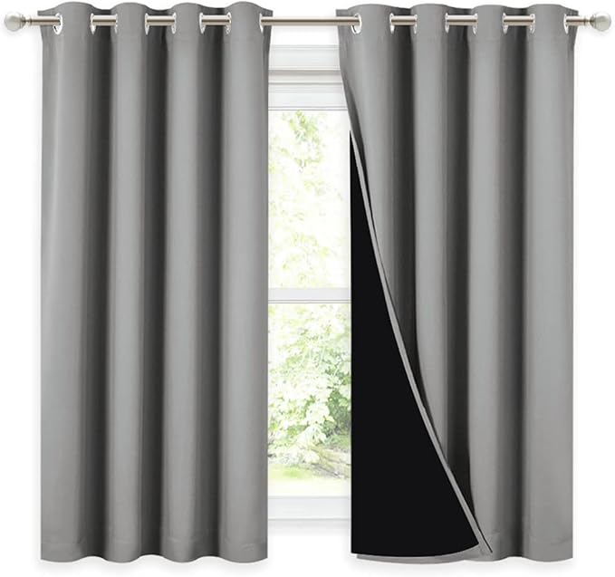 NICETOWN 100% Blackout Curtains with Black Liners, Thermal Insulated Full Blackout 2-Layer Drapes, Noise Cancellation Window Draperies for Dining Room (Silver Grey, 2 Panels, 52-inch W by 54-inch L)