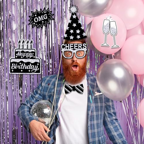 36Pcs Silver Birthday Photo Booth Props, Glitter Silver Party Decorations, Letter Print Card Material