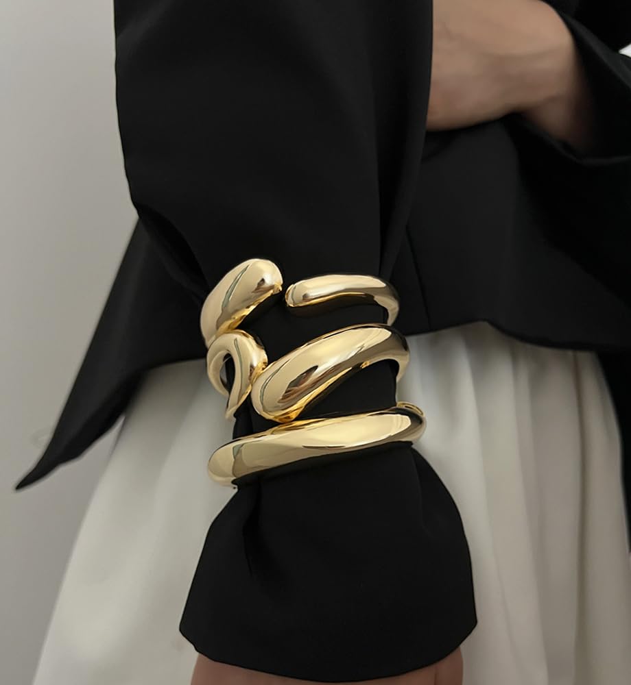 Chunky Gold Bangle Bracelets for Women, Dainty 14k Gold Plated Big Stackable Bangles Set, Trendy Statement Cuff Bracelet Stack Fashion Jewelry Gifts (A9-gold)