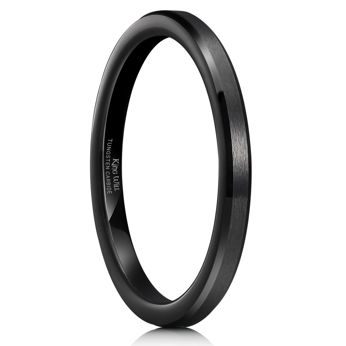 King Will 2mm Black Tungsten Men's Wedding Band - Brushed Matte Finish, Beveled Polished Edge, Comfort Fit Size 11