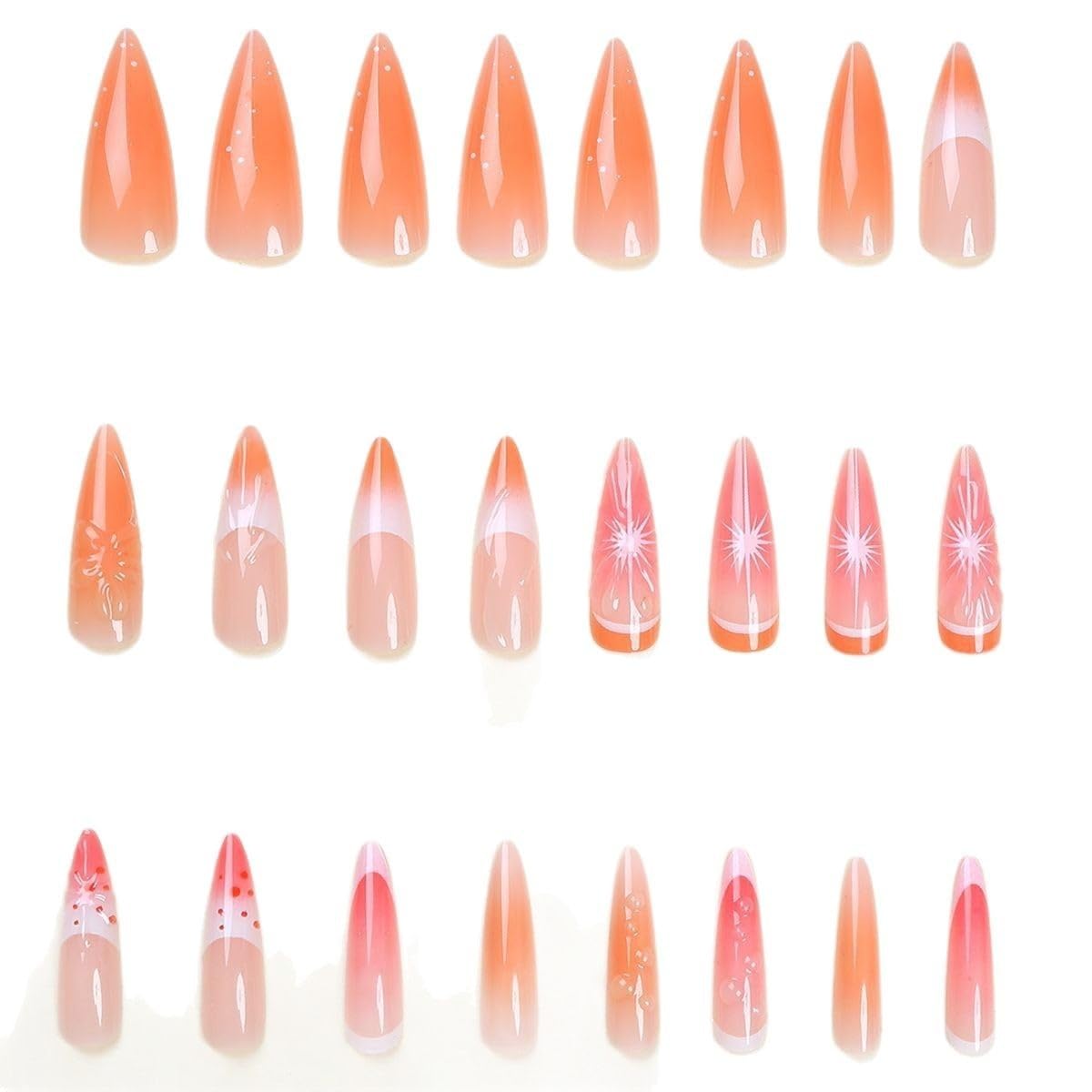 24Pcs Flower Press on Nails Medium Stiletto Fake Nails with 3D Orange Design Stick on Nails French Tips Nail Press Ons Water Ripple False Nail Summer Acrylic Glue on Nail for Women Manicure
