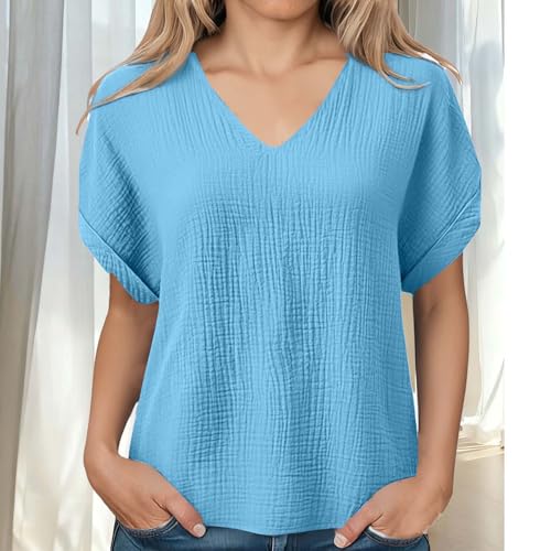 Womens Shirts Cotton Linen v Neck Short Sleeve Blouses Casual Loose Fit Textured Summer Pullovers Daily Wear - color: A01-light Blue, size: X-Large