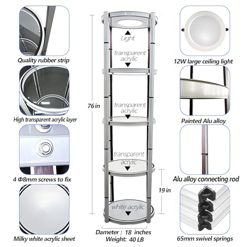 Foldable Display Case,Portable Display Cabinet,Retail Display Racks,Storage Showcase Cabinets Luminescent with LED-Light for Tradeshow Display,Tradeshow Booths ,White Round 4-Shelves 18x76inch - size: 18x76"