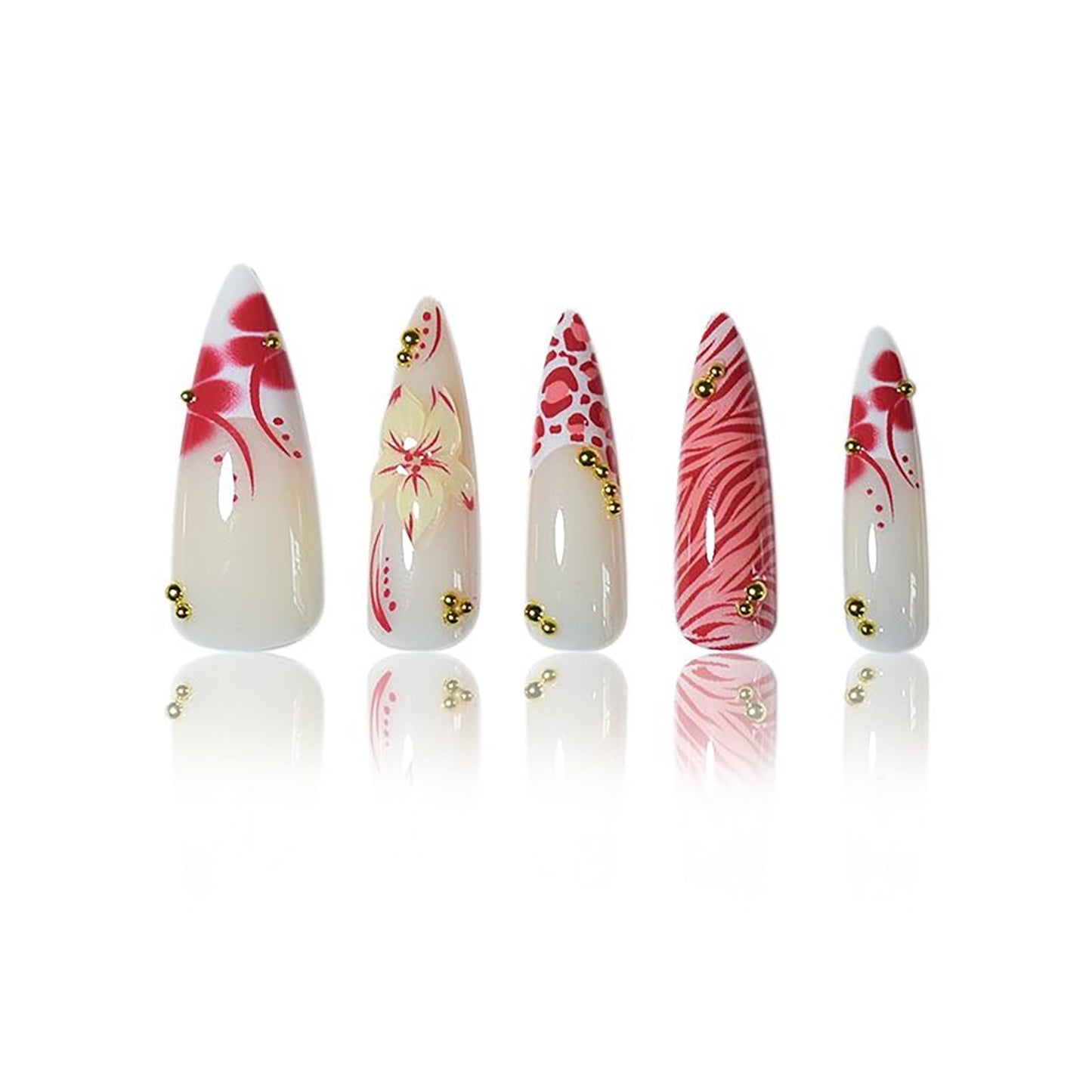RUOKEXIN Long Almond Press on Nails French Tip Fake Nails Stiletto False Nails with 3D Flower Designs Acrylic Nail Press ons Sparkly Artificial Nails for Women 24Pcs