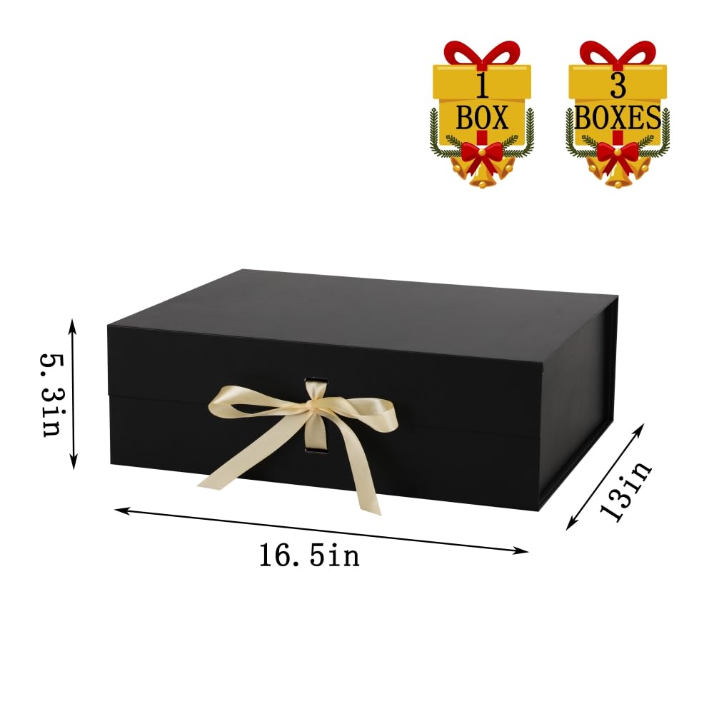 BoxSkivra Large Black Gift Box with Ribbon 1 Pack 16.5X13X5.3 Inch Extra Large Gift Box with Lid Magnetic Closure Rectangle Collapsible Luxury Boxes for Wedding Dress、Shredded Paper Filler & Card