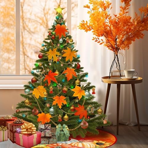 Fall Tree Skirt Christmas 36 Inch Reversible Thanksgiving Day Double Sided Print Mat Christmas Party Supplies for Home Tabletop Trees Holiday Decoration (Fall/Christmas)