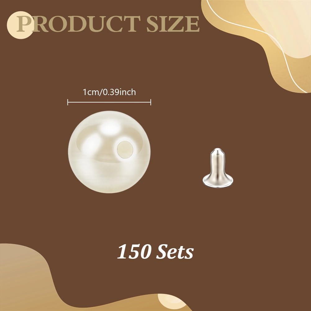 AHANDMAKER 150 Sets 10mm Pearl Buttons, No Sew White Imitation Pearl Buttons Reusable and Removable Embellishments Button for Coats Shirts Wedding Dresses Clothes Bags Decoration DIY Crafts