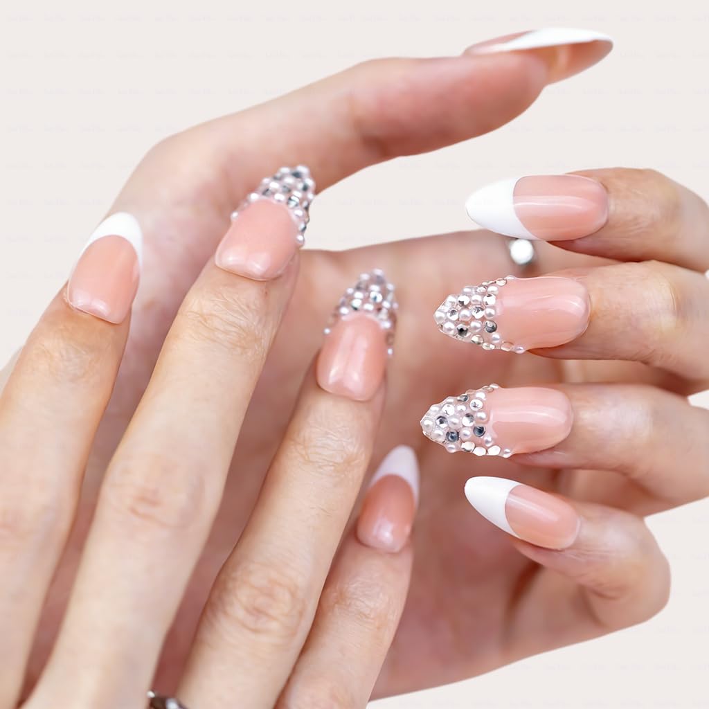 IntoVibes 10 Pieces Handmade Press On Nails Medium Almond, White Thickened French False Nails, Pearls And Rhinestone, Reusable Fake Nails Almond, Reusable Acrylic Nails (M)