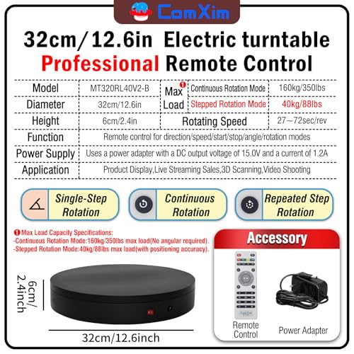 32cm Rotating Platform, 350lbs Capacity Motorized Electric Turntable, Heavy Duty Motorized Rotating Base, Large Motorized Rotating Display Stand,Photography Turntable for Photography,Exhibition - size: 12.6inch/Black/300Lbs Load