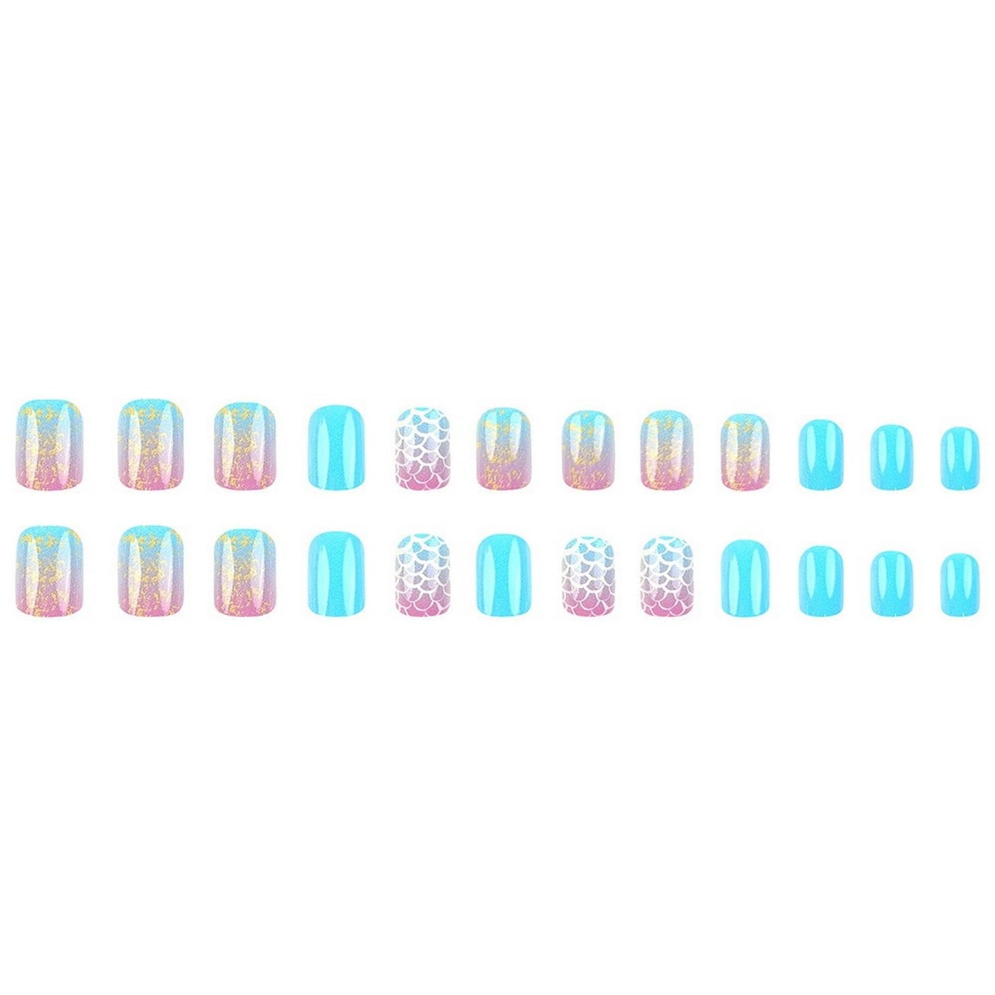 OCOUYVD 24 Pcs Summer Press On Nails Short Square Glitter Fish Scale Design Full Cover Artificial Nails Glossy False Nails Stick On Nails for Women Nail Art Manicure