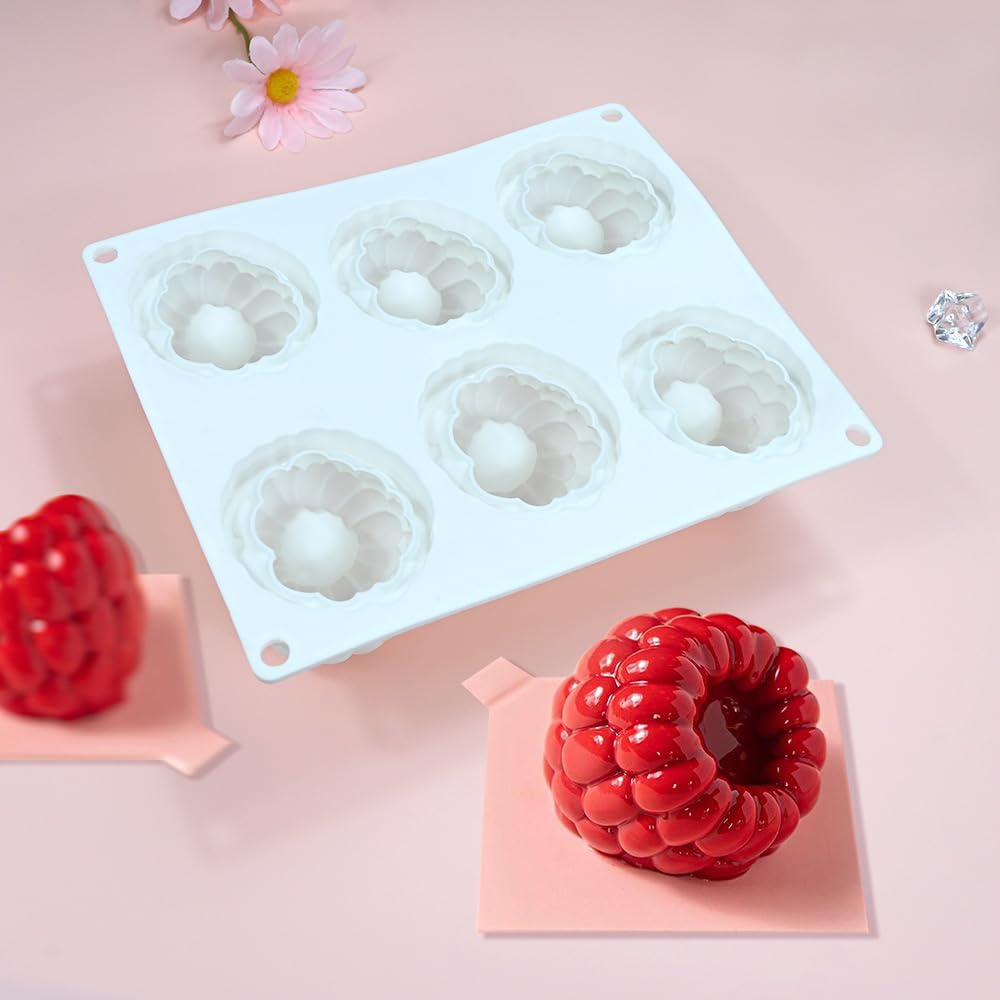 6-Hole Raspberries Mousse Cake Mold Food Grade Silicone Molds for Baking 3D Raspberries Pudding Cakes Silicone Mold Dessert Chocolate Molds Rubus Fruit Cake Decorating Tools Non-stick Baking Mould
