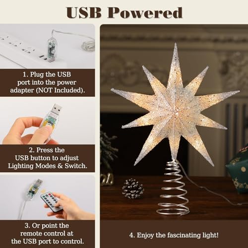 Lewondr Christmas Tree Topper Star, 13inch Xmas Tree Topper with LED Light Beads, Remote & USB Operated 10-Point Star Treetop for Home Christmas Decoration, 6H Timer & 8 Lighting Modes, Silver