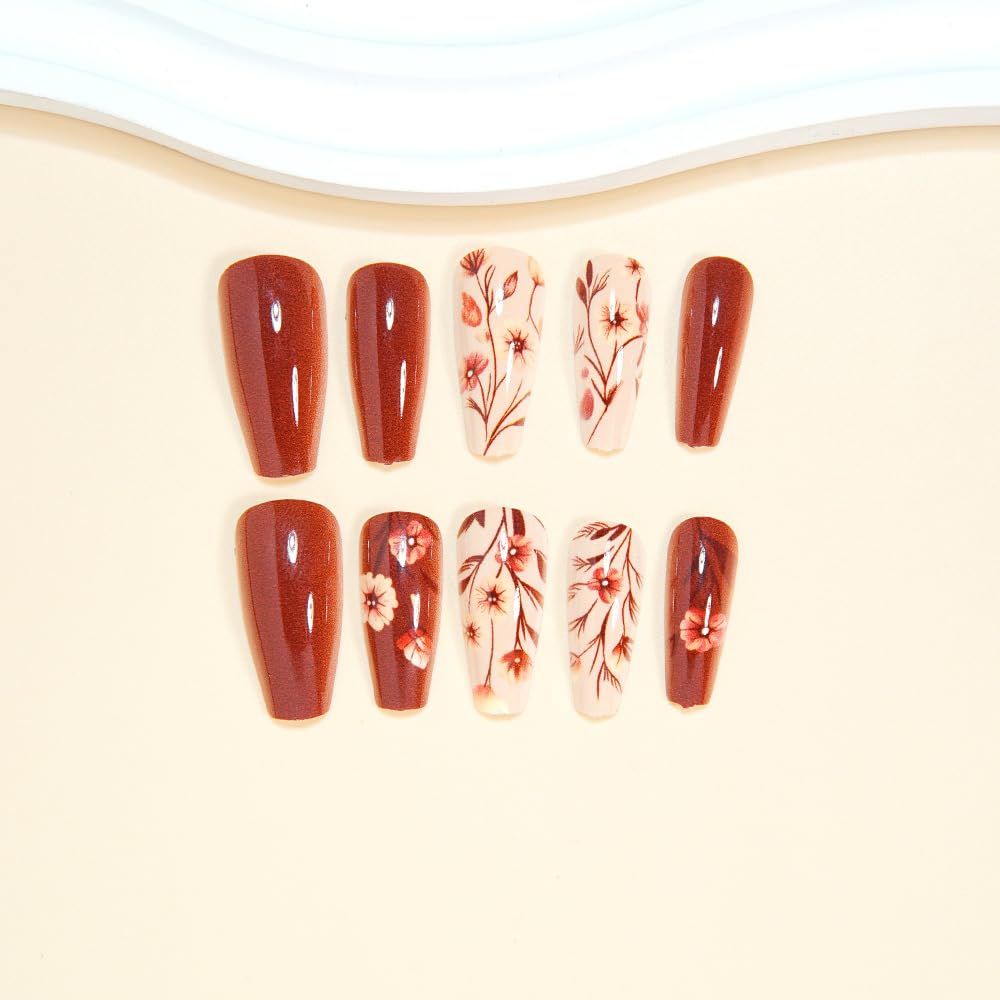 Fall Press on Nails Medium Length Fake Nails Brown Flower Gradient False Nail Full Cover Stick on Nail Fall Glue on Nails Reusable Artificial Coffin Shaped Nail for Women Manicure Kit 24Pcs