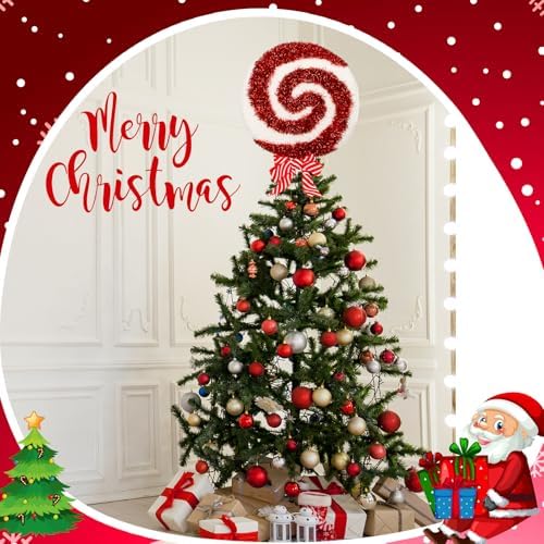 Gejoy Christmas Tree Topper Red Peppermint Candy Cane Bow Tree Topper 10.7 Inch Red and White Sparkling Candy Lollipop Xmas Toppers Christmas Ornament Decorations for Holiday Decor(Classic)