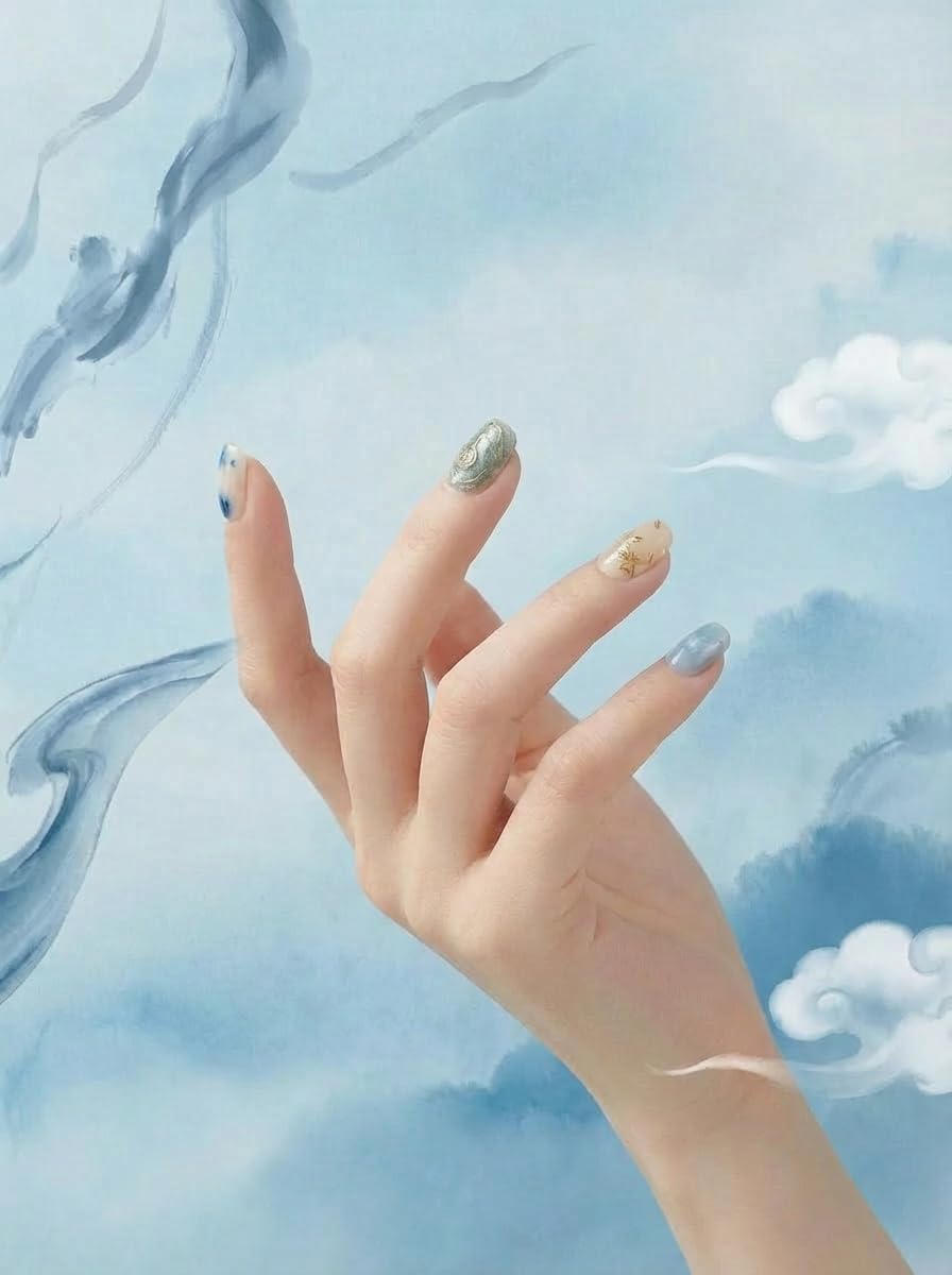 Blue Enchantress - Handmade Short Coffin Press on Nails Blue Fake Nails with Butterfly & Floral Design 10Pcs Size M Complete Kit Press Ons - Eli Miré