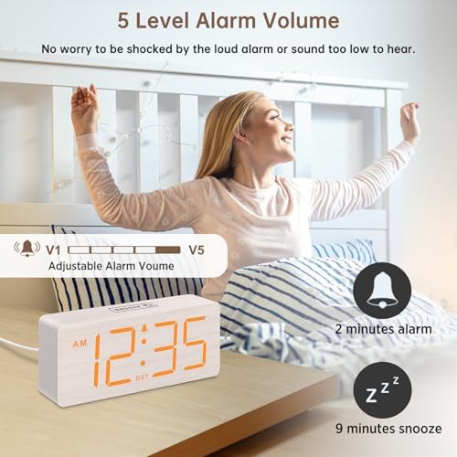 DreamSky Wooden Digital Alarm Clock for Bedroom with Large Numbers | Loud Alarm Clock for Heavy Sleepers with Volume Control, Desk Clocks for Living Room, Dimmer, DST, Wood Decor (Plug in Clock)