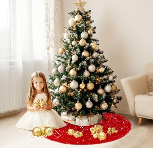 Red Christmas Tree Skirt Glitter Sequin Tree Skirt 36 Inch Red Christmas Tree Decorations Sparkly Tree Skirts Collar Luxury Velvet Tree Skirts for Xmas Tree Holiday Decorations