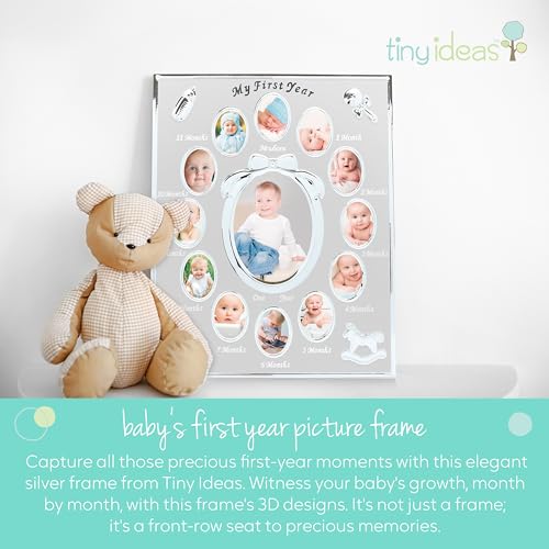 Tiny Ideas Baby’s My First Year Picture Frame, Monthly Milestone Photo Collage, 12 Month Baby Keepsake, Nursery Wall Decor and Baby Gift, Silver