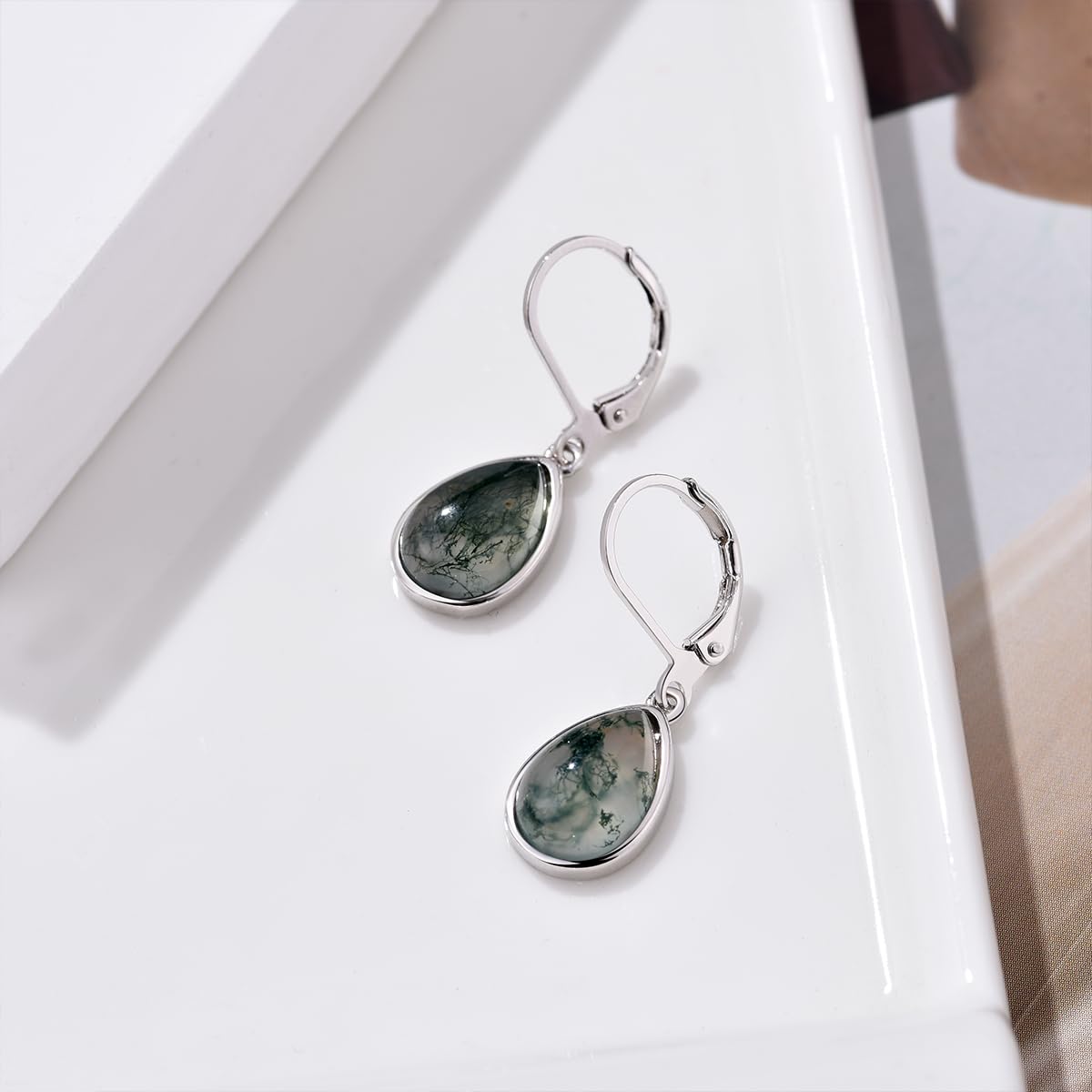 TALYKONG Moss Agate Earrings for Women Gem Dangle Leverback Earrings Moss Agate Jewelry for Women