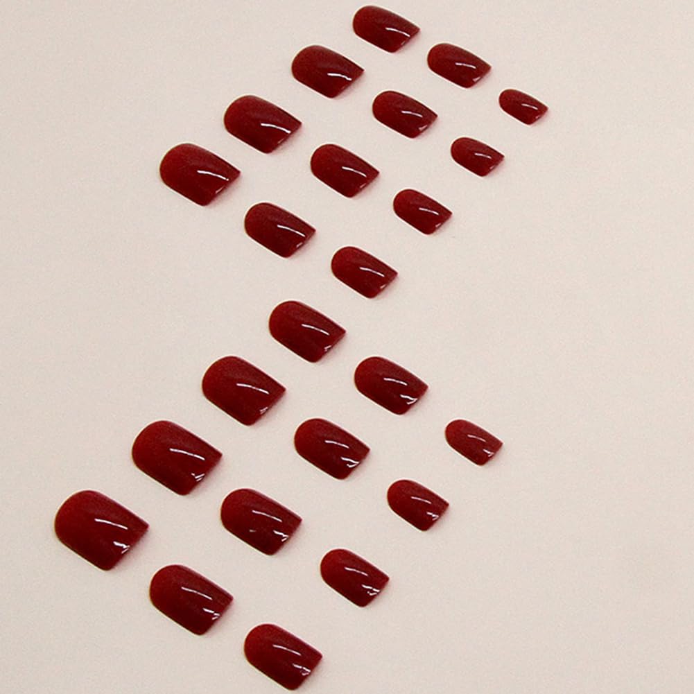 Red Press on Nails Short,Nails Press on Solid Colour Square Fake/False Nails with Press ons Designs Acrylic Press on Nails Gloss Artificial Nails Stick on Nails for Women 24pcs
