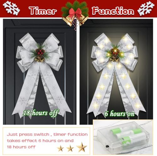 2 Pcs Pre-Light Christmas Decorative Bows for Wreath, 20 X 12” Large Christmas Tree Topper Bow with Bells, Berry, Pine Cones, 40 LED Silver Snowflake Ornament Bow for Indoor/Outdoor- White