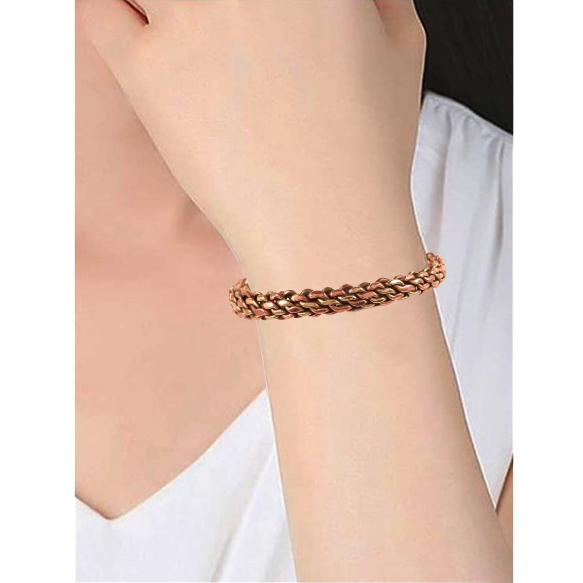 Touchstone Copper Magnetic Hand Forged With Solid And High Gauge Tibetan Style Multi Layer Braid Pattern Minimalistic Elegance Pure Copper Bracelet In Two Tones.
