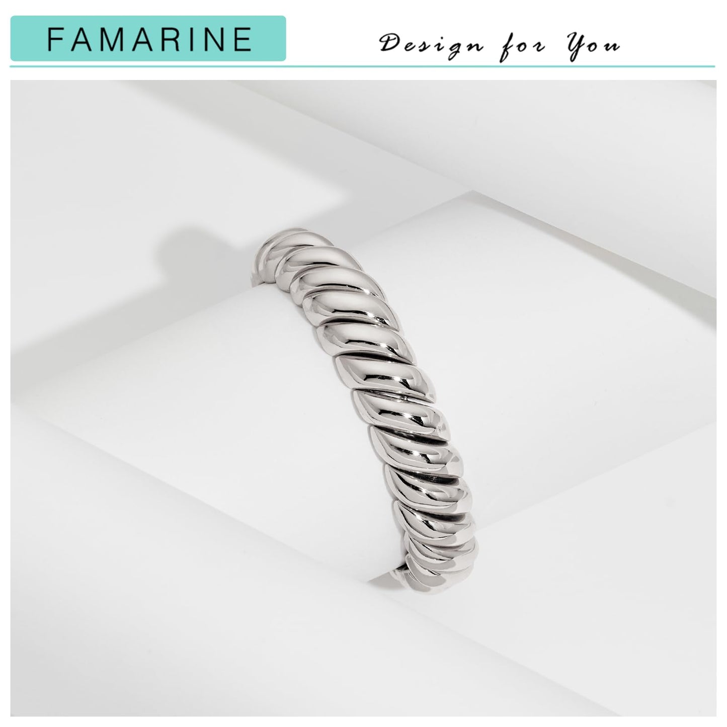 FAMARINE Silver Chunky Bangle Bracelet, Stretchable Elastic Bracelet for Women Men