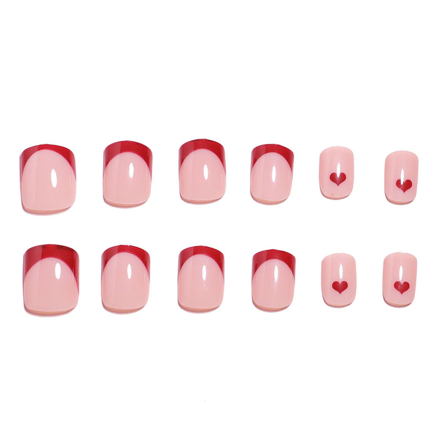 French Tip Press on Nails Red Heart Fake Nails Short Square False Nails with Design Glossy Glue on Nails Acrylic Nails Full Cover Stick on Nails for Women Nails Decoration