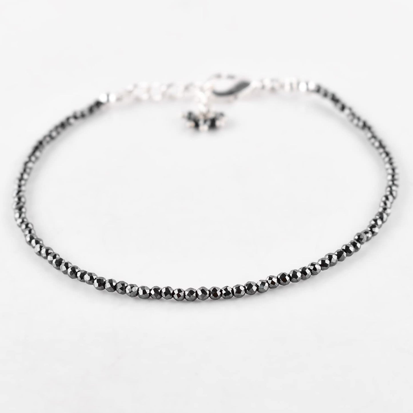 QNAVIC Hematite Gemstone Micro Round Beads Danity Choker Bangle Bracelets for Women, Handmade Jewelry Healing Chakra Crystals, Silver Plated 8 inch Number Beads for Bracelets Gift for Her.