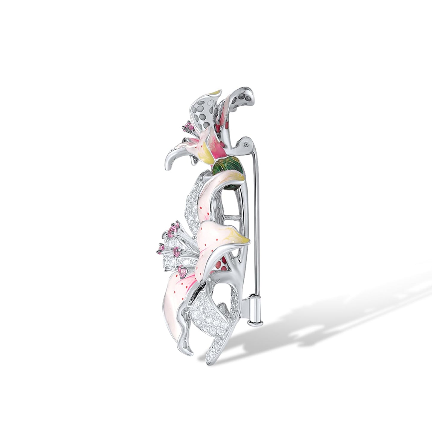 Santuzza Lily Brooch 925 Sterling Silver Created Pink Sapphire Cubic Zirconia Enamel Pink Flower Brooch Pin for Women