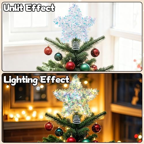 Christmas Tree Topper Star Sparkly Tinsel Star for Christmas Tree Decoration 6 Inch Iridescent Holiday Treetop Stars for Small Tabletop Tree Battery Operated Fairy Light Tinsel Topper for Xmas Tree