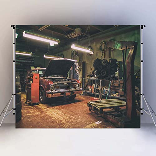 Old Garage Backdrops for Photography 7X5FT Car Repair Backgrounds Themed Party Photo Booth Studio Props RBJMYLU59 - size: polyester microfiber fabric-7x5ft
