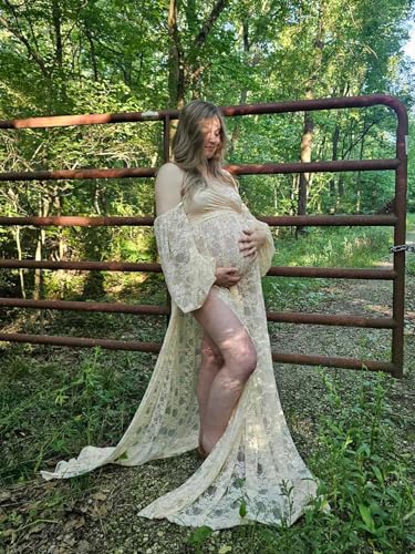 Saslax Soft Stretchy Lace Off Shoulder Doubly Split A-line Skirt Maternity Dress Pregnancy Maxi Gown for Photoshoot - color: Champagne, size: Small