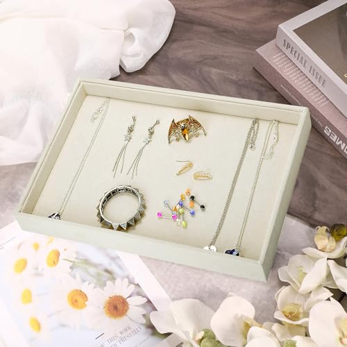 2 Pcs 13.8" x 9.5" Velvet Jewelry Tray Jewelry Display Tray Flat Tray, Stackable Empty Plate Trays for Earrings Necklaces Bracelet Rings Display Showcase - Light Khaki - color: Light Khaki, size: Flat Tray 13.8"x9.5"