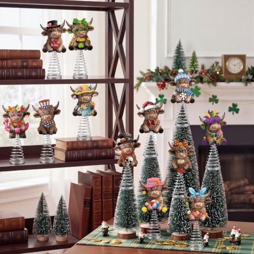 Gejoy 12 Pcs Interchangeable Seasonal Highland Cow Mini Tree Topper