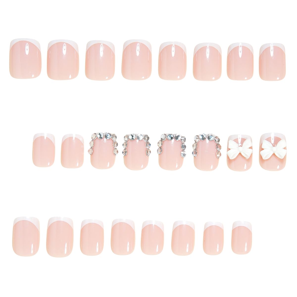 24Pcs Square Press on Nails Short French Tip Nails with 3D White Bow and Rhinestones, Pink Fake Nails Glossy Acrylic Stick on Nails Reusable False Nails for Women Wedding Party Daily DIY Manicure