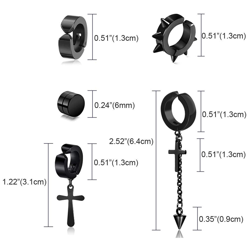 5 Pairs Black Stainless Steel Non-Piercing Spike Rivet Cross Dangle Tassel Clip on Hoop Earrings Set for Women Men, Non Pierced Fake Ear Clip Stud Earrings (Black)