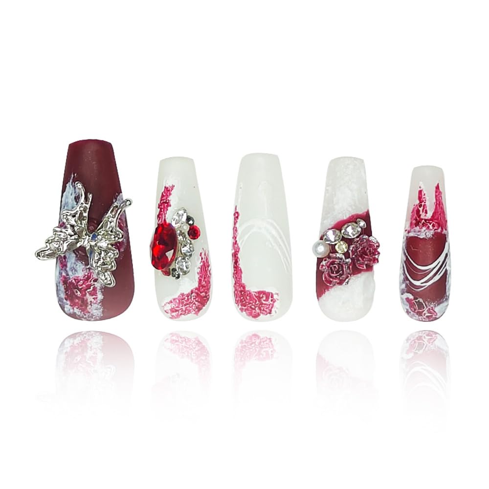 GGddsha 2025 Burgundy Medium Press on Nail Hand-painted Irregular Frosted Design w/Rhinestones Flower Butterfly Handmade Reusable PMMA Acrylic Matte Full Coverage Nail (Hand-painted Pattern, Medium)